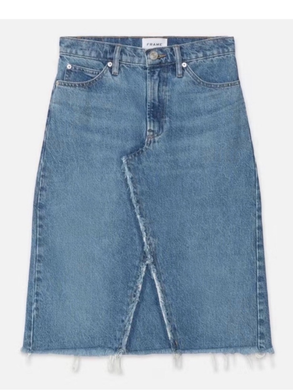 Frame Mabel Deconstructed Denim Blue Raw-Edge High-Rise Midi Skirt. Like New